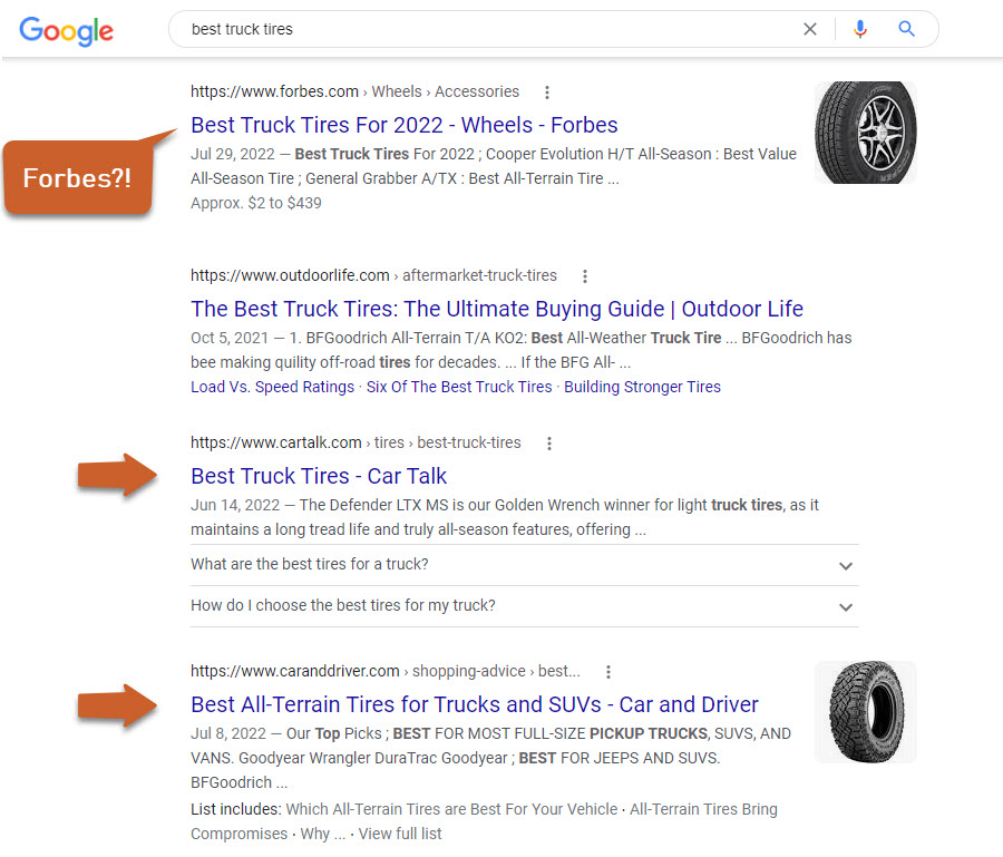 谷歌“最佳卡车轮胎”搜索结果页面。第一个结果来自福布斯，而第三和第四个结果来自汽车特定领域，汽车谈话和汽车和司机。