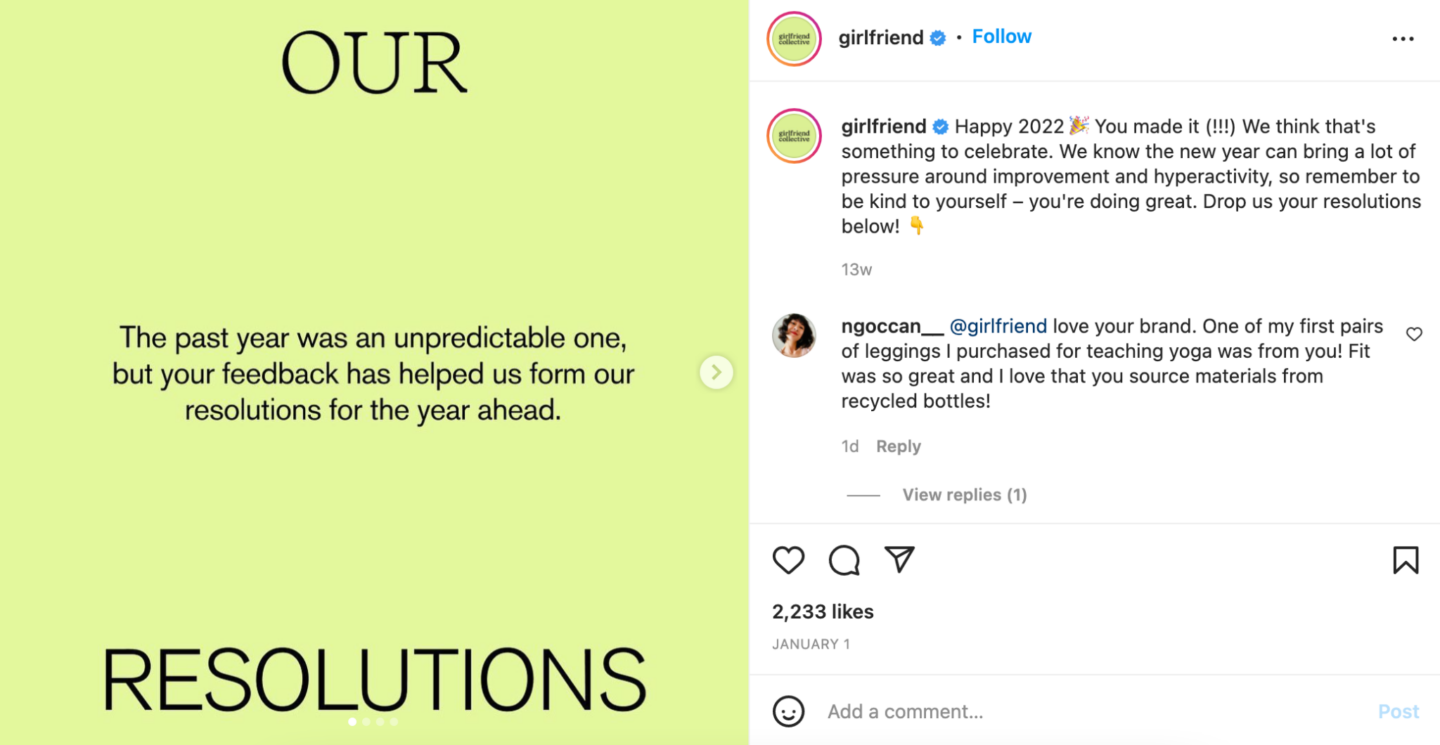 女朋友集体在Instagram上发布的截图。这张照片的背景是浅绿色，上面写着“我们的决心”。过去的一年是不可预测的一年，但是你们的反馈帮助我们制定了来年的计划。
